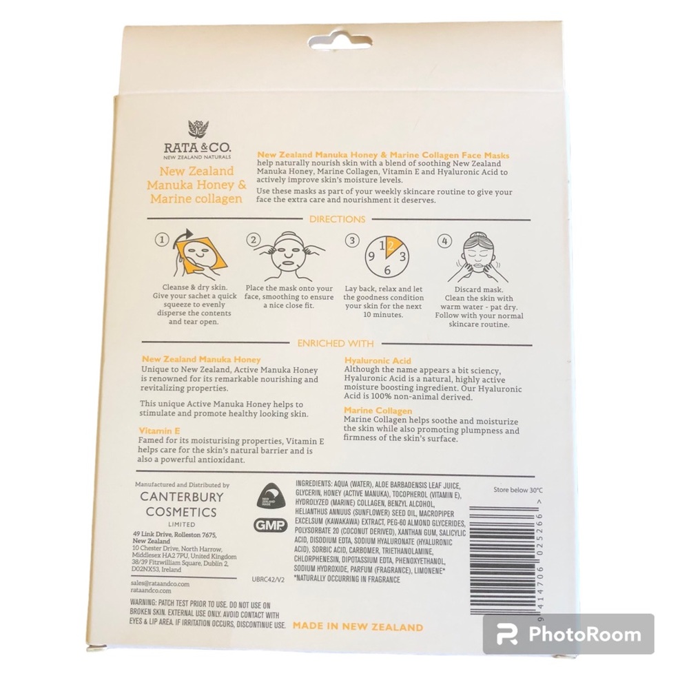 Rata & Co New Zealand Manuka Honey & Marine Collagen Sheet Face Mask Pac… - Picture 2 of 6